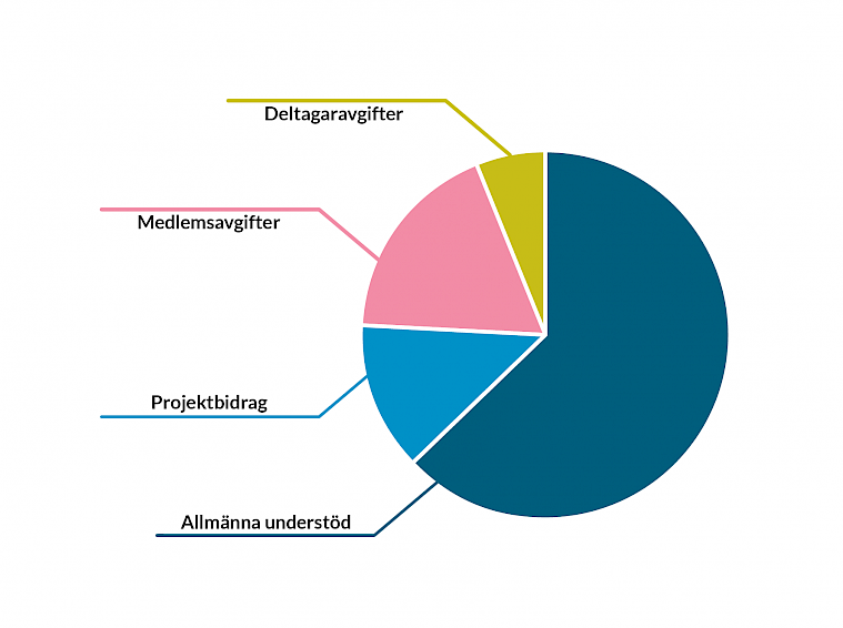 Det allmänna understödet är vår största inkomstkälla och ståf för över hälften av all finansiering. Projektbidraget utgör ungefär en sjättedel av all vår finansiering. Vår näst största inkomstkälla efter det allmänna understödet är medlemsavgifterna, som ger ungefär en fjärdedel av våra intäkter. Deltagaravgifterna från olika evenemang ger cirka 10 procent av alla våra intäkter.